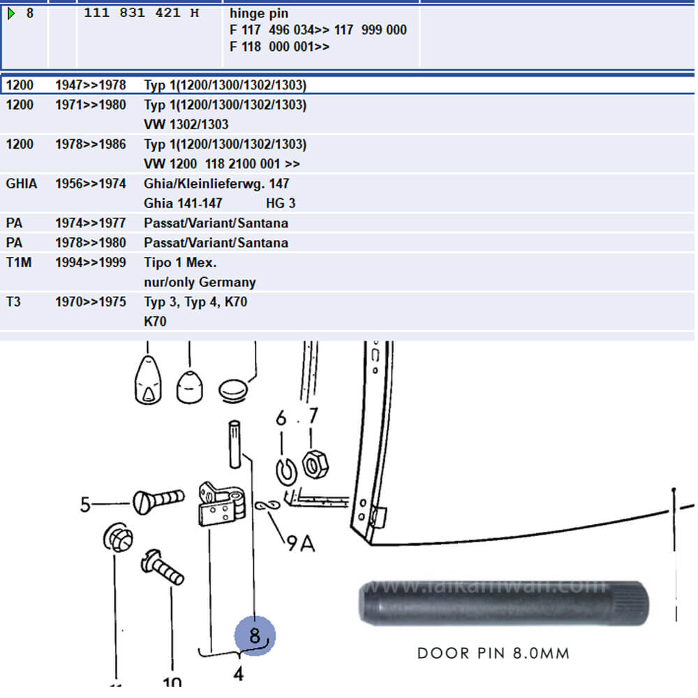 Lai Kam Wah Sdn. Bhd. Specialist in VW Aircooled Parts - 111831421H - Door Pin 8.0mm