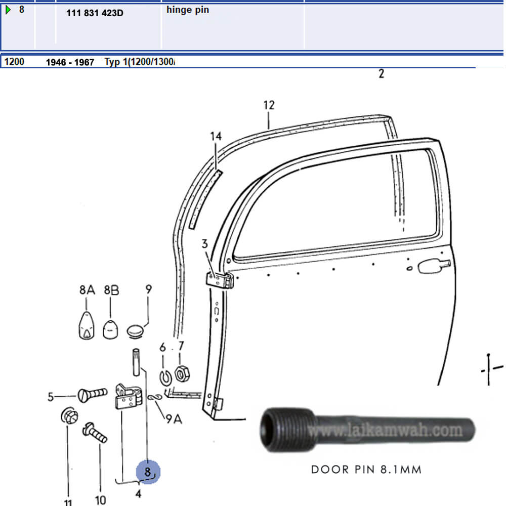 Lai Kam Wah Sdn. Bhd. Specialist in VW Aircooled Parts - 111831423D - Door Pin 8.1mm