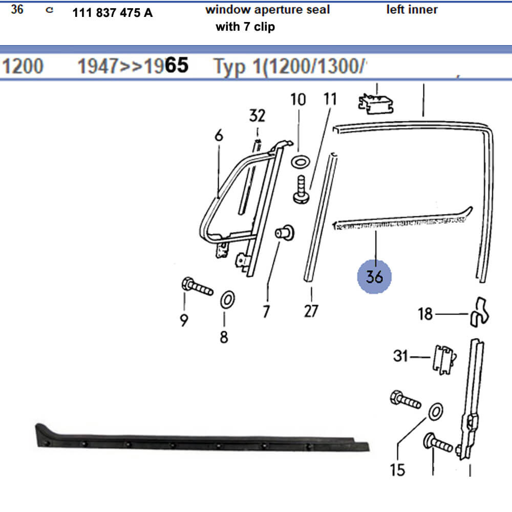 Lai Kam Wah Sdn. Bhd. Specialist in VW Aircooled Parts - 111837475A - Window Scraper - 7 clips