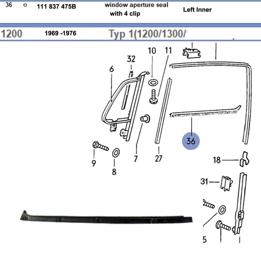 Lai Kam Wah Sdn. Bhd. Specialist in VW Aircooled Parts - 111837475B - Window Scraper - 4 clips