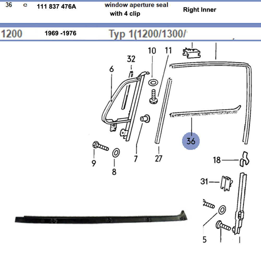 Lai Kam Wah Sdn. Bhd. Specialist in VW Aircooled Parts - 111837476A - Window Scraper - 4 clips