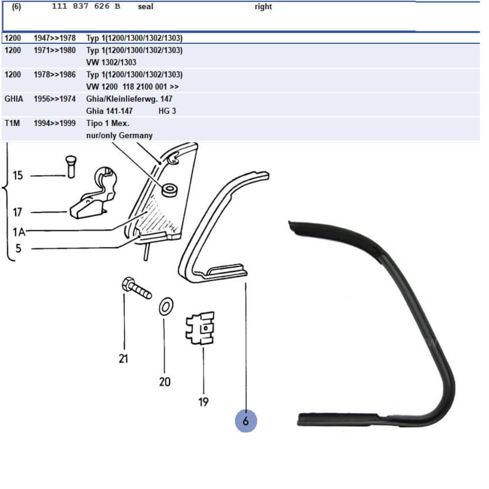 Lai Kam Wah Sdn. Bhd. Specialist in VW Aircooled Parts - 111837626B - Quarter Window Seal