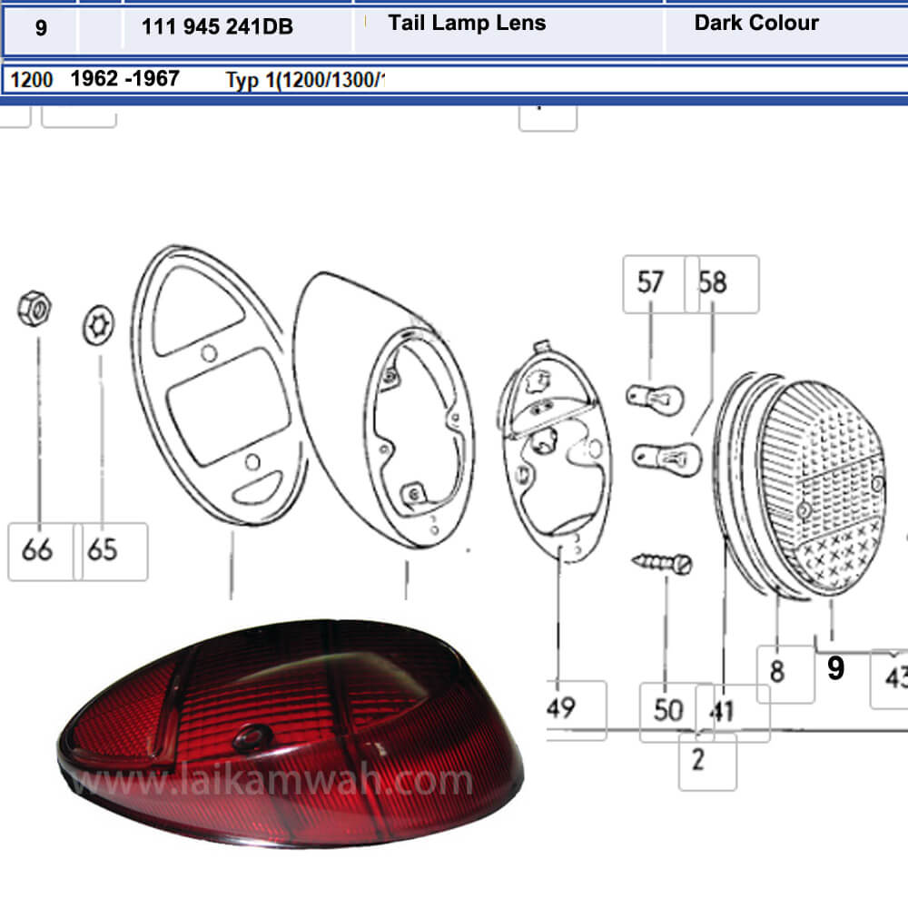 Lai Kam Wah Sdn. Bhd. Specialist in VW Aircooled Parts - 111945241DB - Tail Lamp Lens (Dark)
