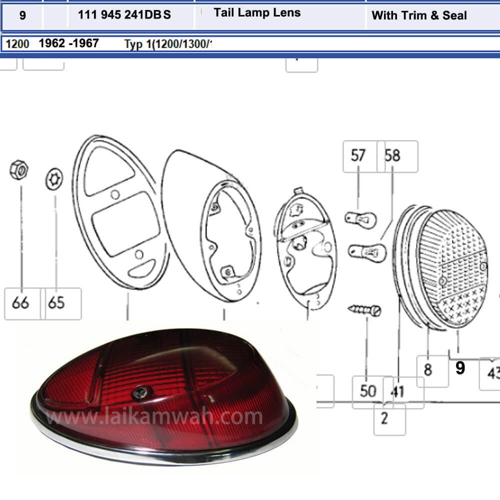 Lai Kam Wah Sdn. Bhd. Specialist in VW Aircooled Parts - 111945241DBS - Tail Lamp Lens (Dark) with ring & seal