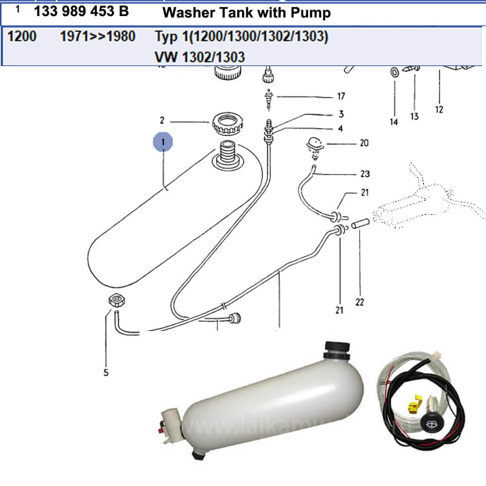 Lai Kam Wah Sdn. Bhd. Specialist in VW Aircooled Parts - 133989453B - Washer Tank - 12V