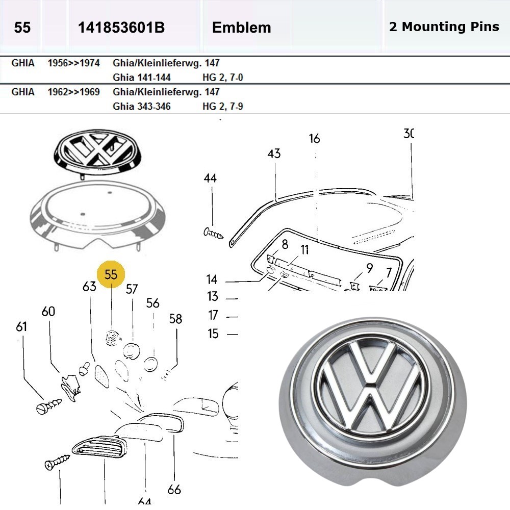 Lai Kam Wah Sdn. Bhd. Specialist in VW Aircooled Parts - 141853601B - Front Hood Emblem - 2 Pins
