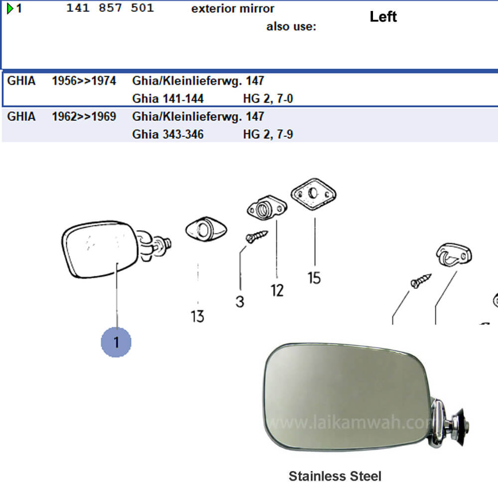 Lai Kam Wah Sdn. Bhd. Specialist in VW Aircooled Parts - 141857501 - Side Mirror