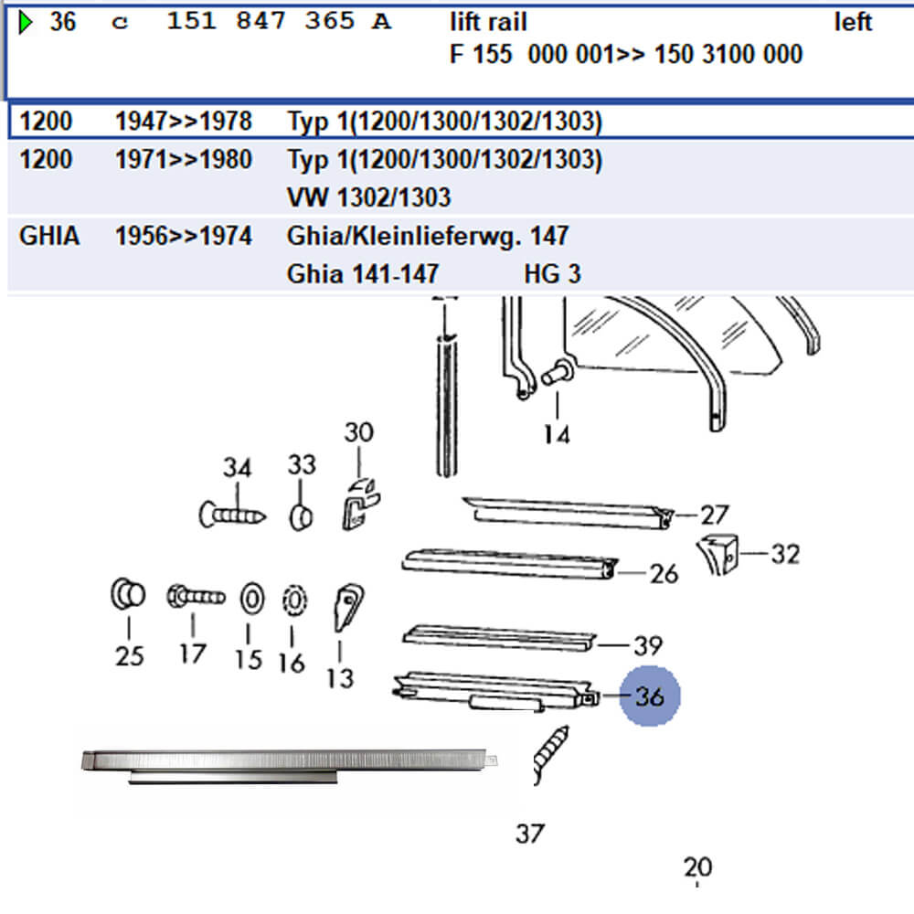 Lai Kam Wah Sdn. Bhd. Specialist in VW Aircooled Parts - 151847365A - Window Glass Support