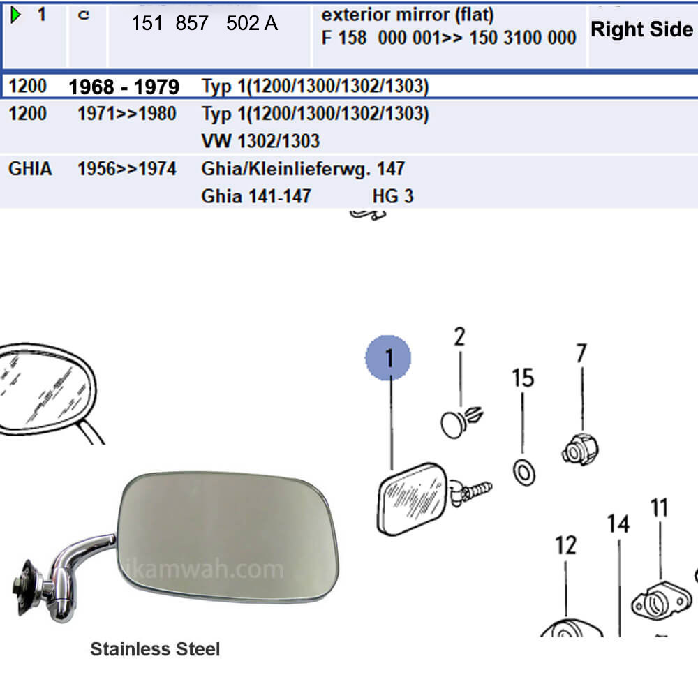 Lai Kam Wah Sdn. Bhd. Specialist in VW Aircooled Parts - 151857502A - Side Mirror
