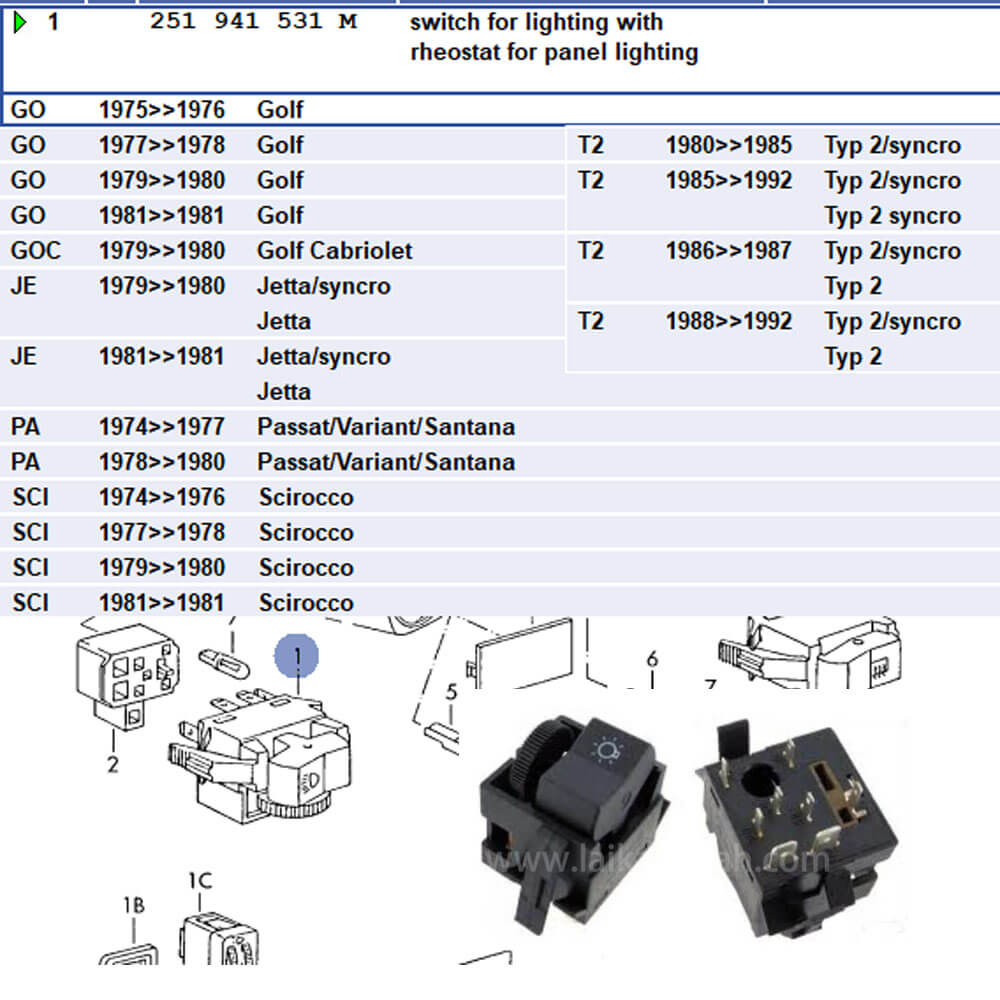 Lai Kam Wah Sdn. Bhd. Specialist in VW Aircooled Parts - 251941531M - Headlamp Switch