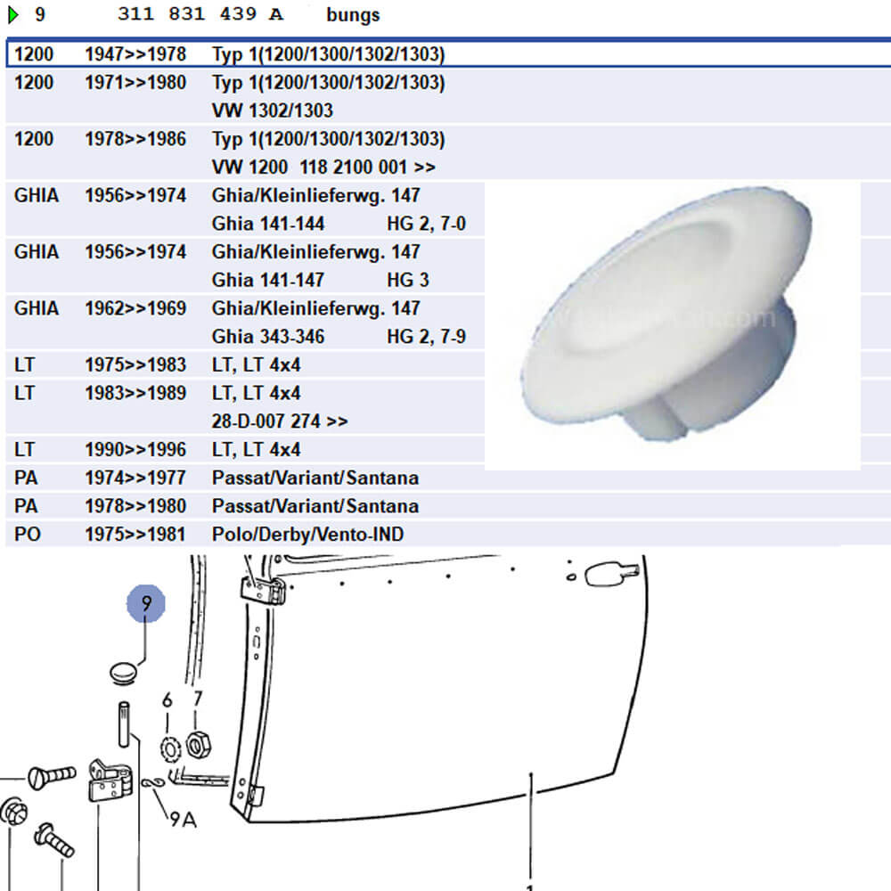 Lai Kam Wah Sdn. Bhd. Specialist in VW Aircooled Parts - 311831439A - Door Hinge Plug