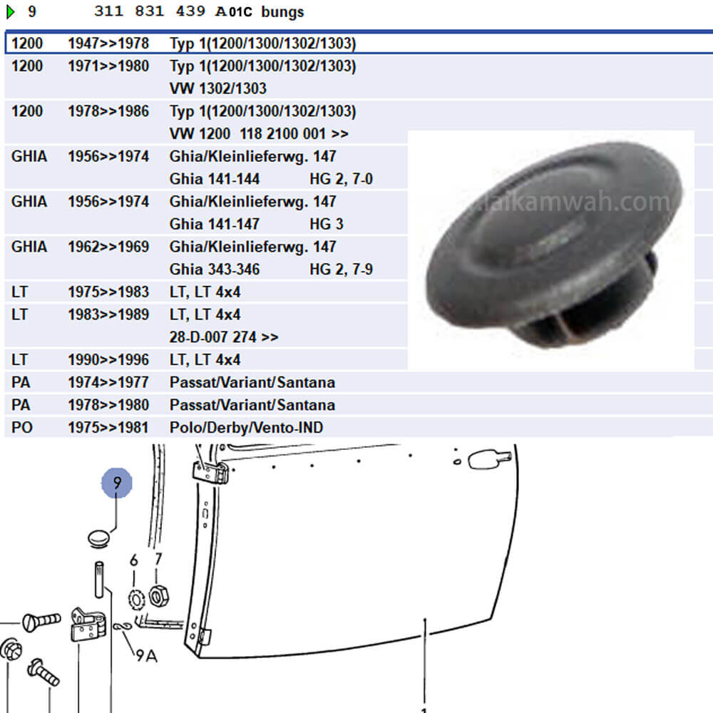 Lai Kam Wah Sdn. Bhd. Specialist in VW Aircooled Parts - 311831439A-01C - Door Hinge Plug