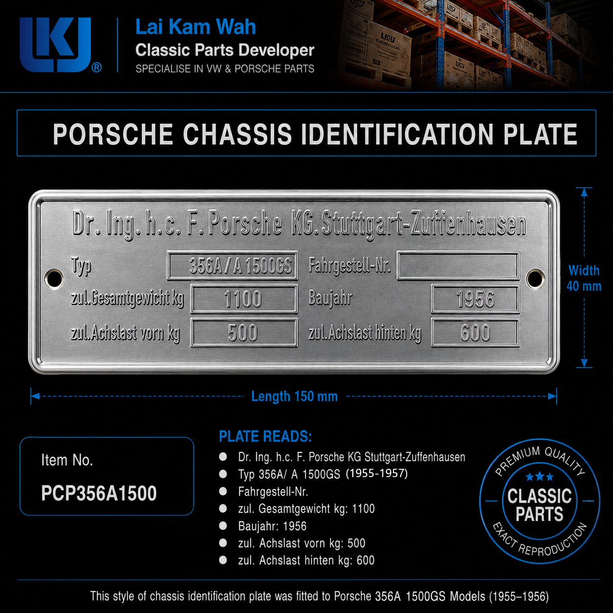 Lai Kam Wah Sdn. Bhd. Specialist in VW Aircooled Parts - PCP356A1500 - Porsche Chasis Identification Plate