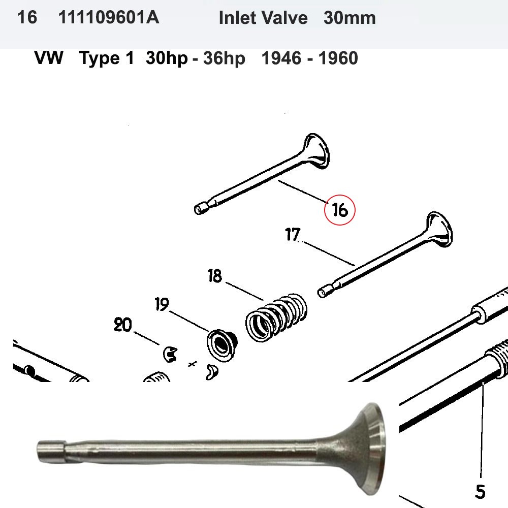 Lai Kam Wah Sdn. Bhd. Specialist in VW Aircooled Parts - 111109601A - Inlet Valve 30MM