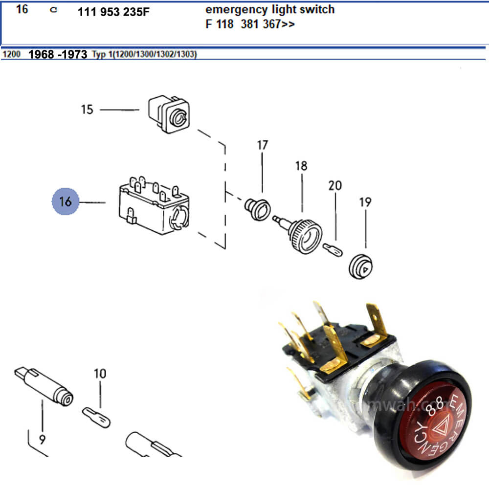 Lai Kam Wah Sdn. Bhd. Specialist in VW Aircooled Parts - 111953235F - Hazard Switch