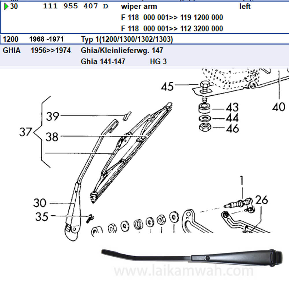 Lai Kam Wah Sdn. Bhd. Specialist in VW Aircooled Parts - 111955407D - Wiper Arm