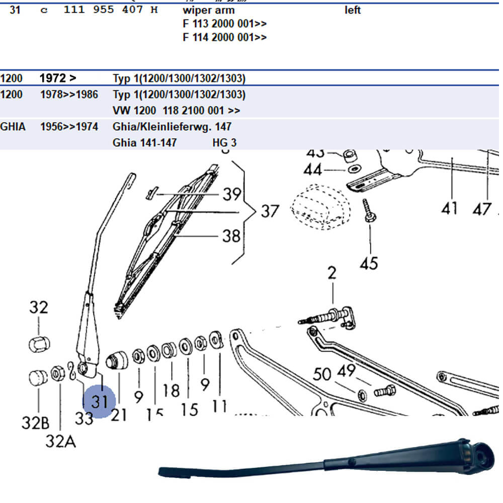Lai Kam Wah Sdn. Bhd. Specialist in VW Aircooled Parts - 111955407H - Wiper Arm