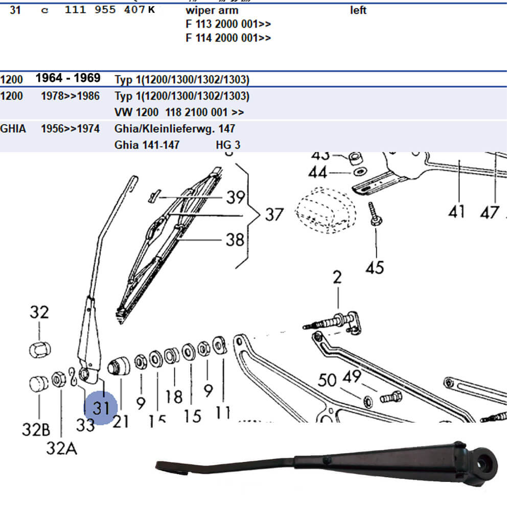 Lai Kam Wah Sdn. Bhd. Specialist in VW Aircooled Parts - 111955407K - Wiper Arm