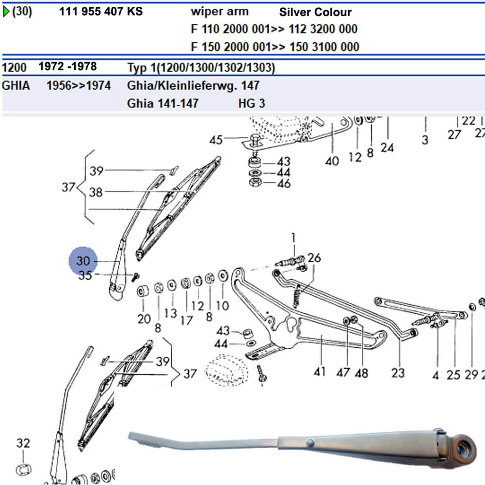 Lai Kam Wah Sdn. Bhd. Specialist in VW Aircooled Parts - 111955407KS - Wiper Arm - Silver