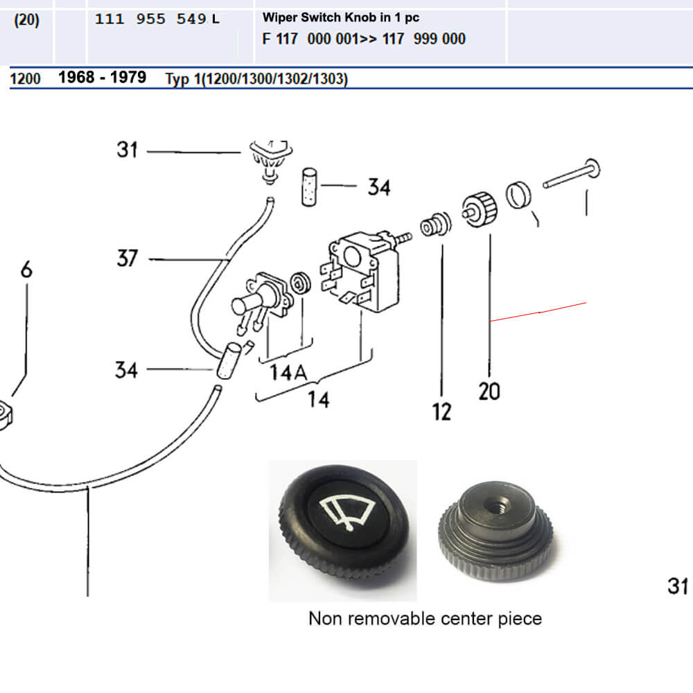 Lai Kam Wah Sdn. Bhd. Specialist in VW Aircooled Parts - 111955549L-1P - Wiper Switch Knob (Non removable cap)