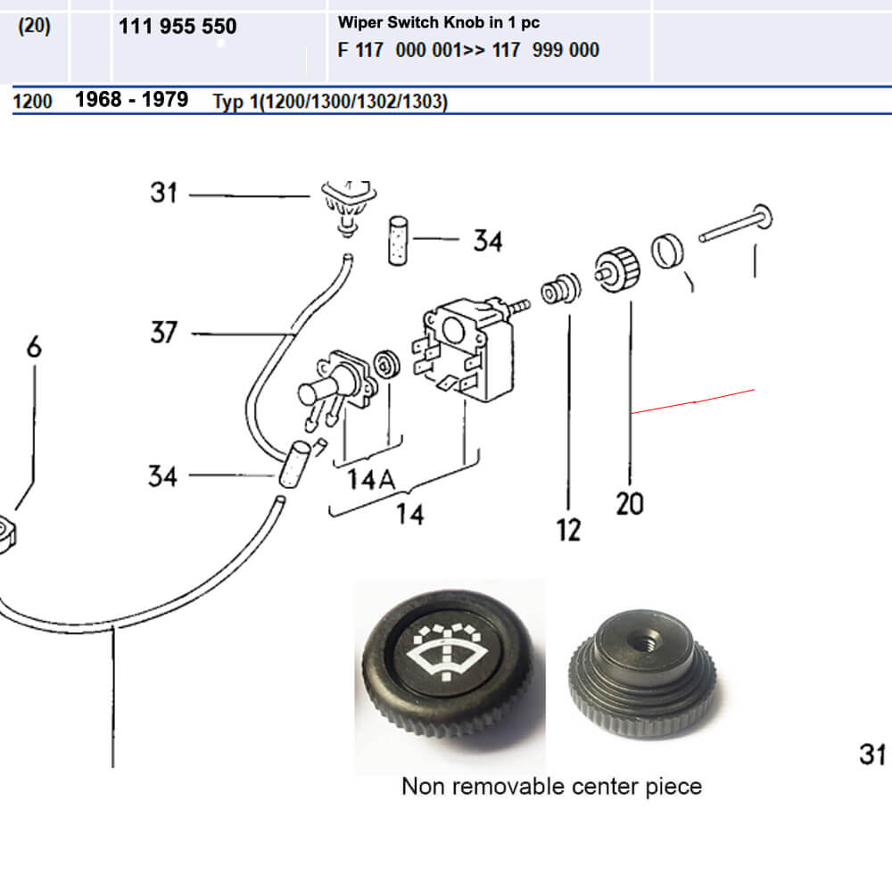 Lai Kam Wah Sdn. Bhd. Specialist in VW Aircooled Parts - 111955550-1P - Wiper Switch Knob (Non removable cap)