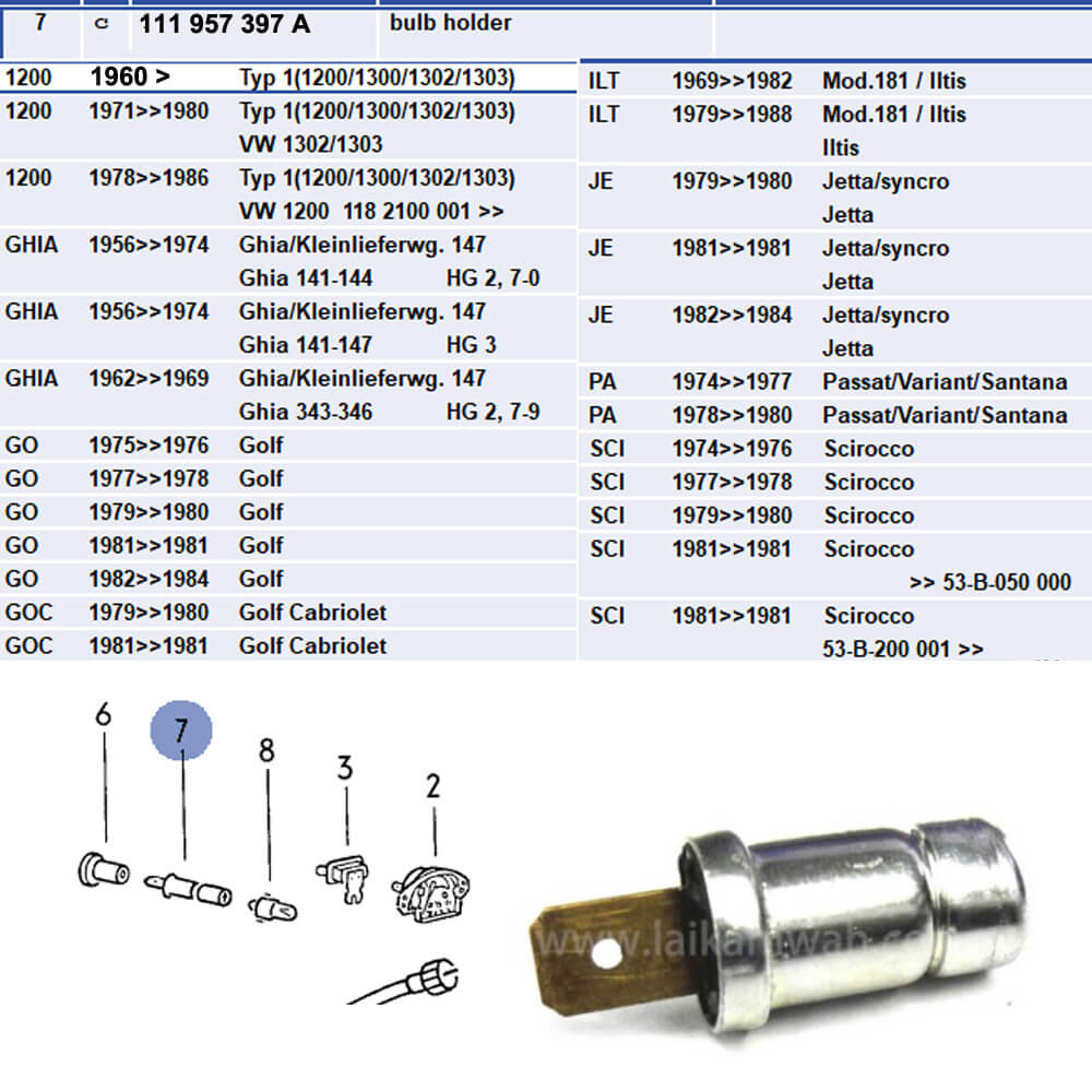 Lai Kam Wah Sdn. Bhd. Specialist in VW Aircooled Parts - 111957397A - Speedometer Bulb Holder