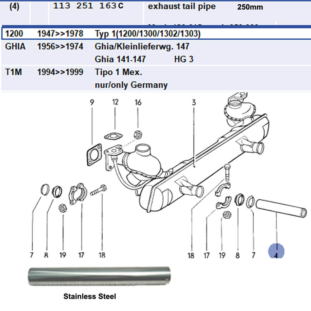 Lai Kam Wah Sdn. Bhd. Specialist in VW Aircooled Parts - 113251163C - Tail Pipe 250mm