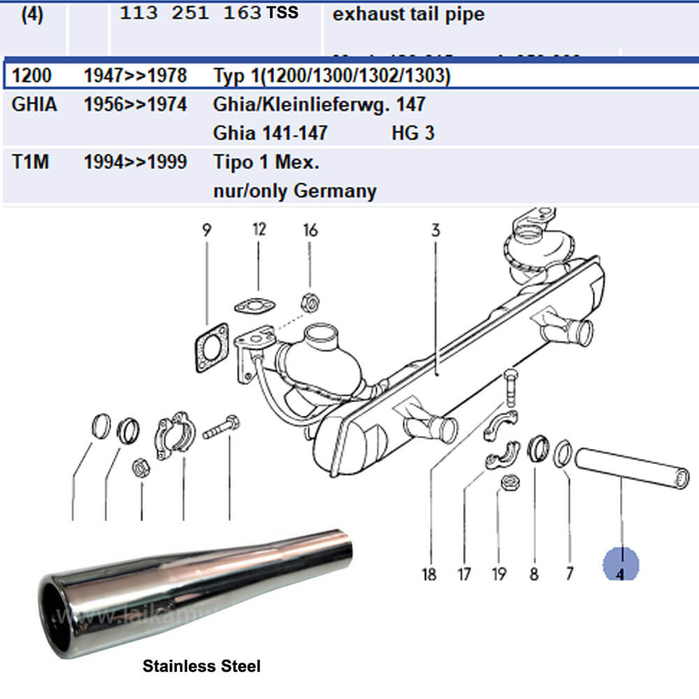 Lai Kam Wah Sdn. Bhd. Specialist in VW Aircooled Parts - 113251163TSS - Tapper Tail Pipe
