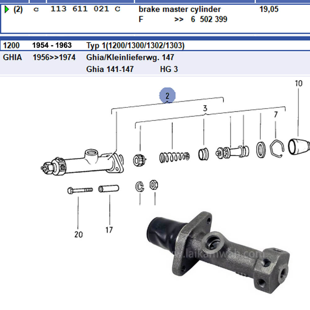 Lai Kam Wah Sdn. Bhd. Specialist in VW Aircooled Parts - 113611021C - Master Cylinder