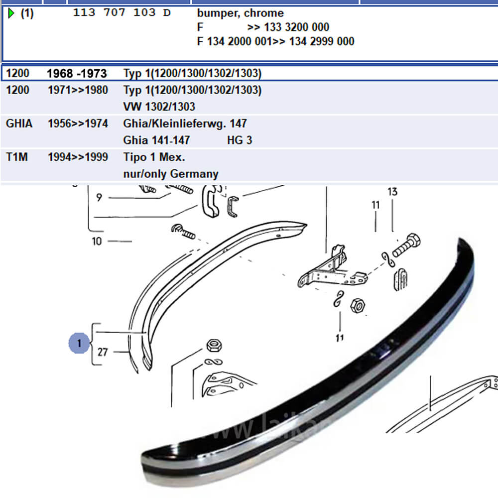 Lai Kam Wah Sdn. Bhd. Specialist in VW Aircooled Parts - 113707103D - Front Bumper