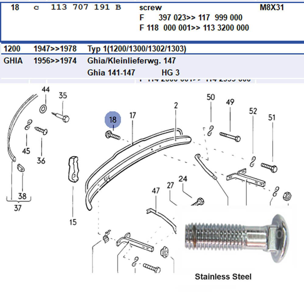 Lai Kam Wah Sdn. Bhd. Specialist in VW Aircooled Parts - 113707191B - Bumper Bolt