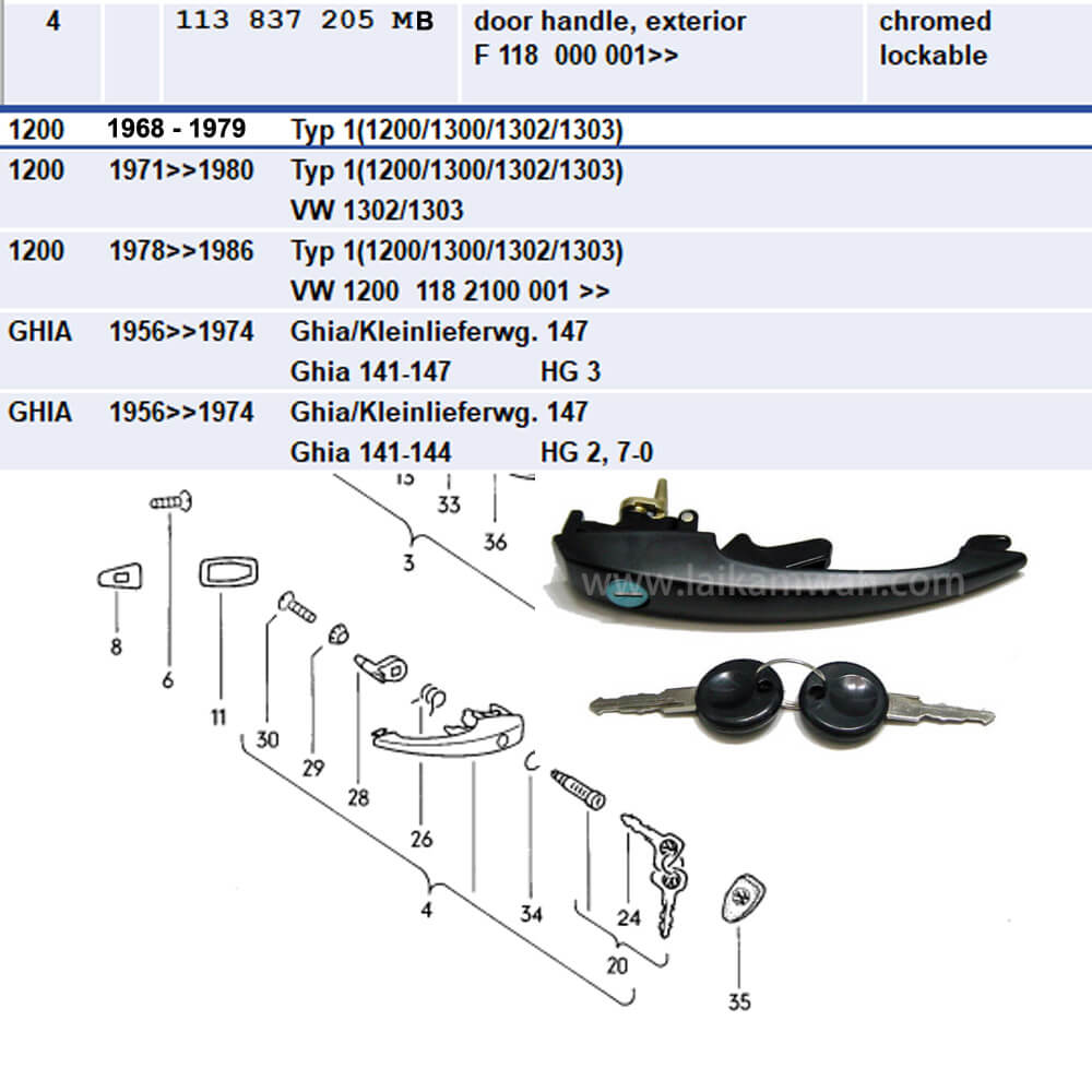 Lai Kam Wah Sdn. Bhd. Specialist in VW Aircooled Parts - 113837205MB - Door Handle