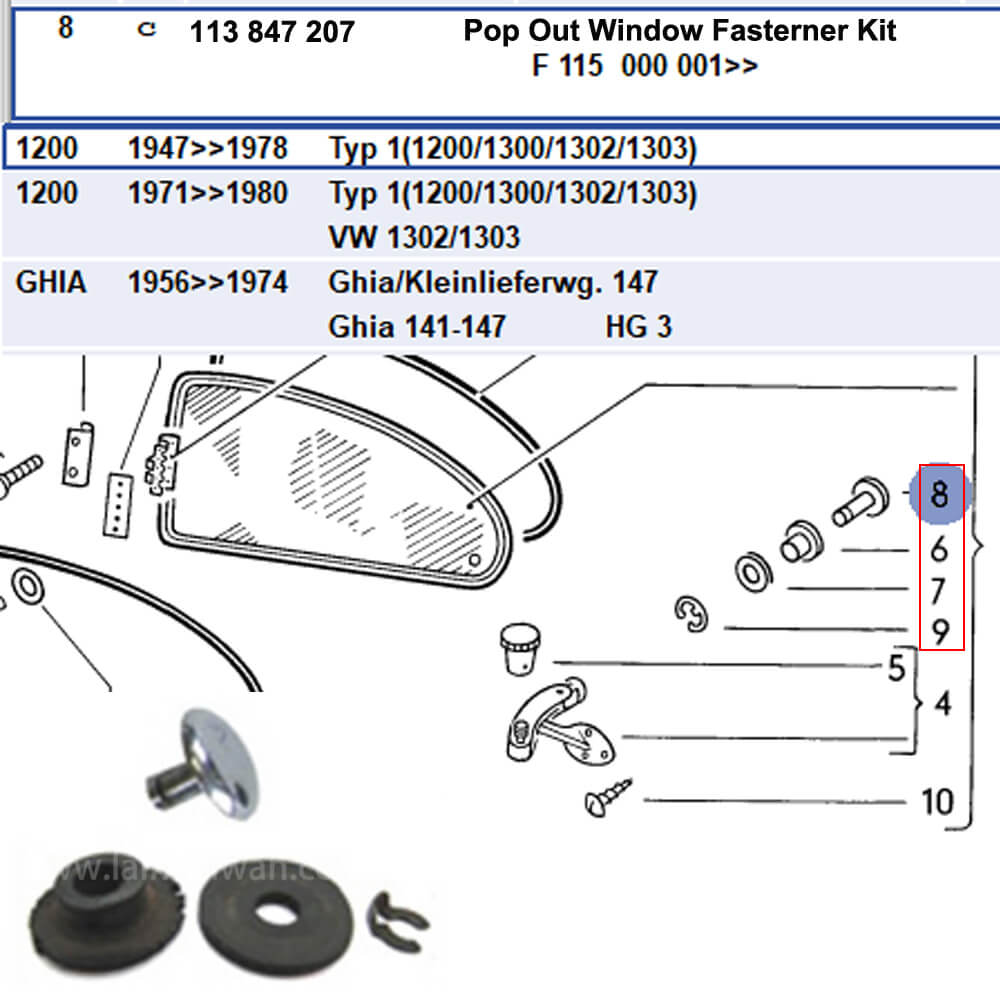 Lai Kam Wah Sdn. Bhd. Specialist in VW Aircooled Parts - 113847207 - Pop Out Window Fasterner Kit