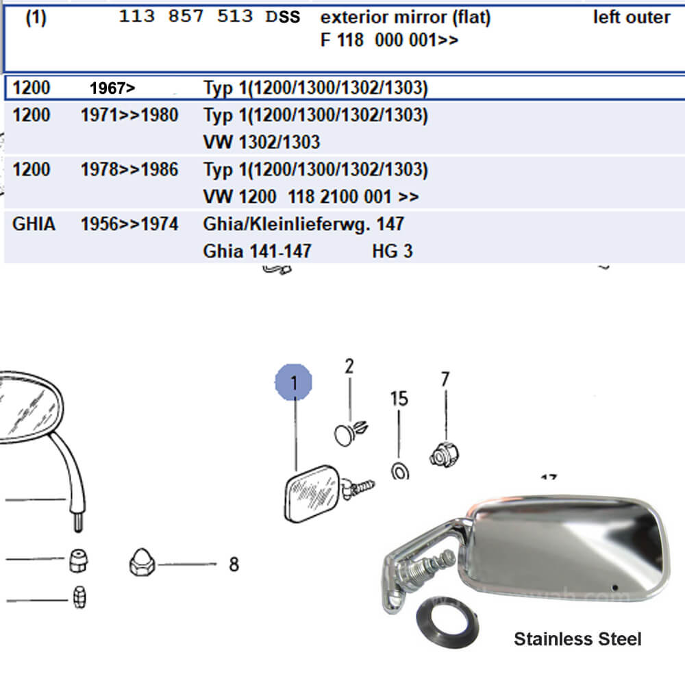 Lai Kam Wah Sdn. Bhd. Specialist in VW Aircooled Parts - 113857513DSS - Side Mirror Stainless Steel