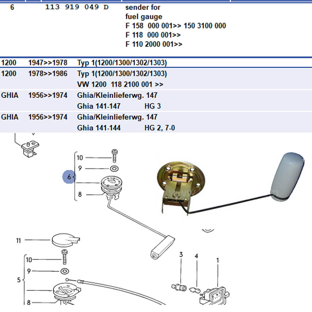 Lai Kam Wah Sdn. Bhd. Specialist in VW Aircooled Parts - 113919049D - Fuel Tank Level Sender
