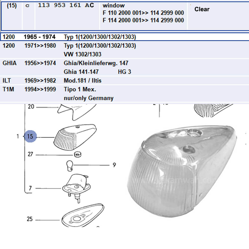 Lai Kam Wah Sdn. Bhd. Specialist in VW Aircooled Parts - 113953161AC - Turn Signal Lens
