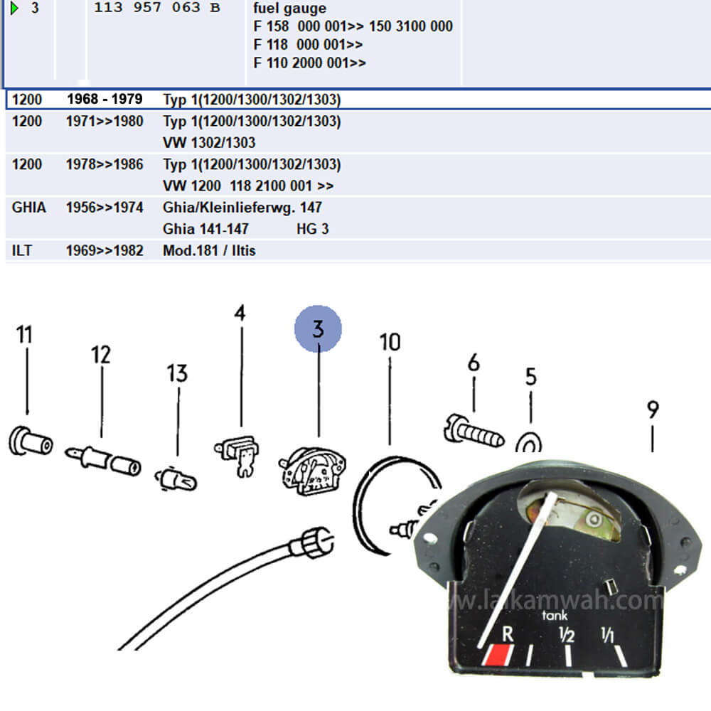 Lai Kam Wah Sdn. Bhd. Specialist in VW Aircooled Parts - 113957063B - Fuel Guage