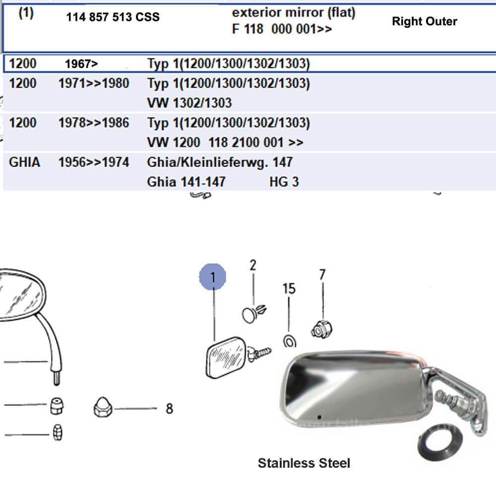 Lai Kam Wah Sdn. Bhd. Specialist in VW Aircooled Parts - 114857513CSS - Side Mirror Stainless Steel