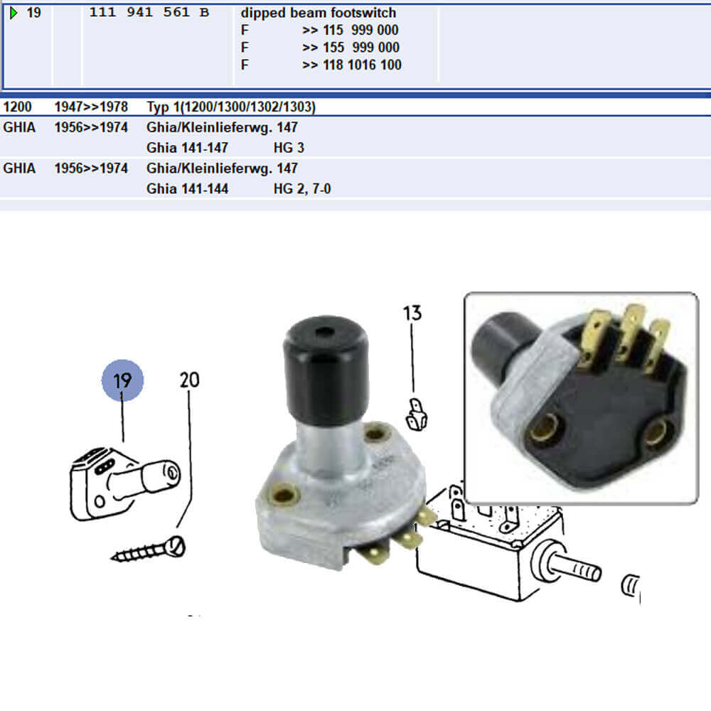 Lai Kam Wah Sdn. Bhd. Specialist in VW Aircooled Parts - 111941561B - HEADLIGHT DIMMER SWITCH