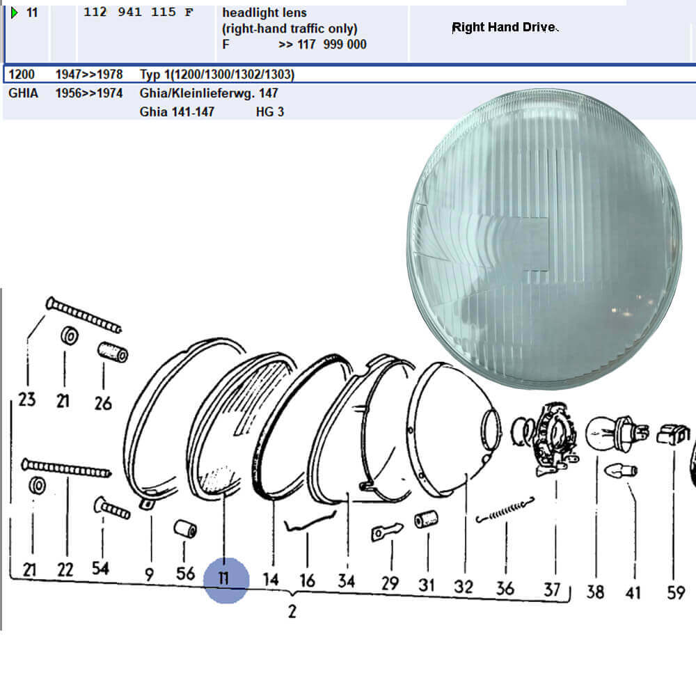 Lai Kam Wah Sdn. Bhd. Specialist in VW Aircooled Parts - 112941115F - Headlamp Glass - RHD