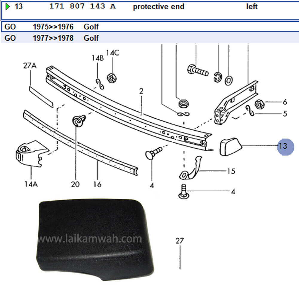 Lai Kam Wah Sdn. Bhd. Specialist in VW Aircooled Parts - 171807143A - Bumper End Cap