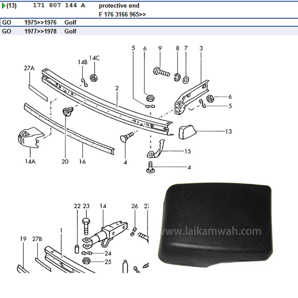 Lai Kam Wah Sdn. Bhd. Specialist in VW Aircooled Parts - 171807144A - Bumper End Cap