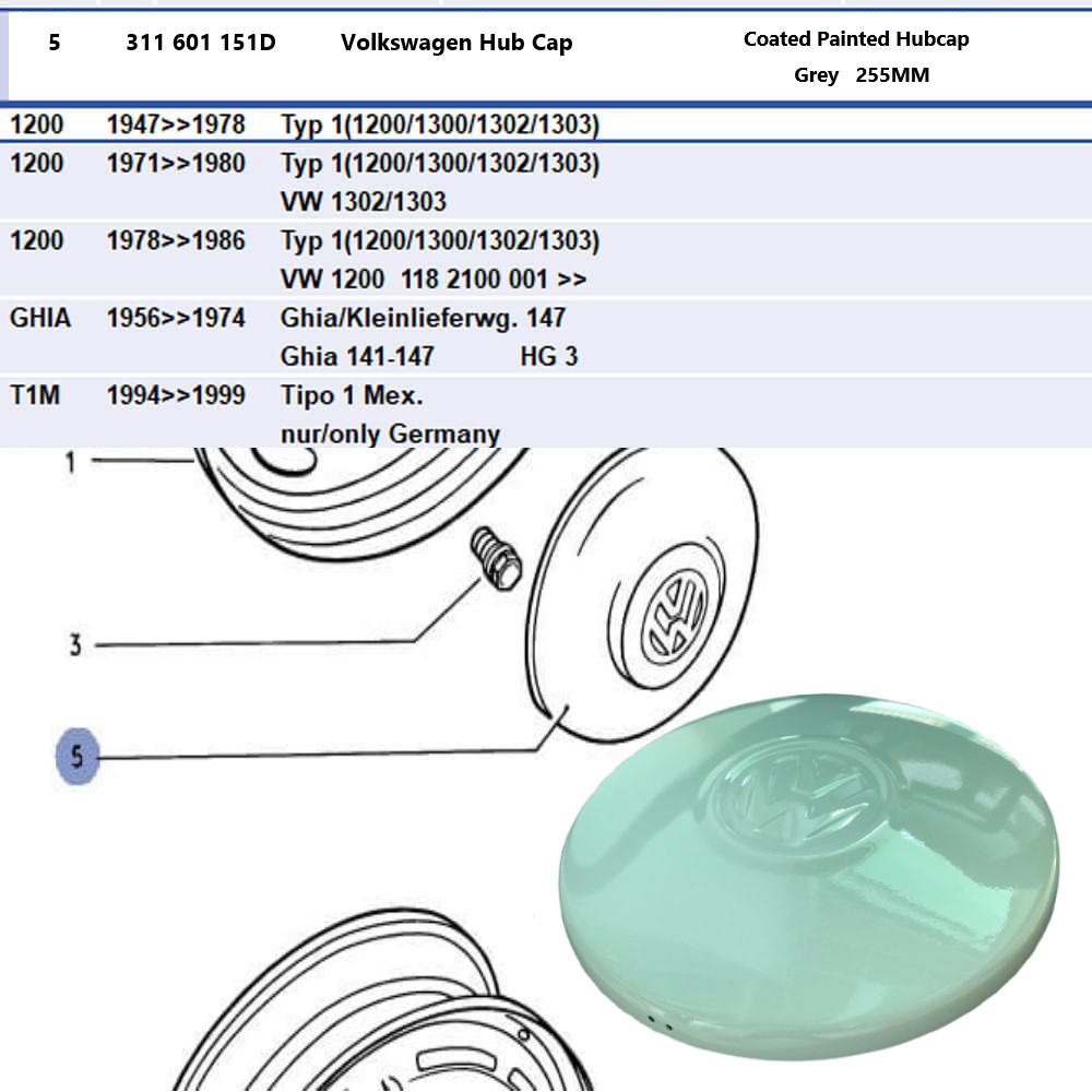 Lai Kam Wah Sdn. Bhd. Specialist in VW Aircooled Parts - 311601151D - Volkswagen Coated Painted Hubcap - Grey