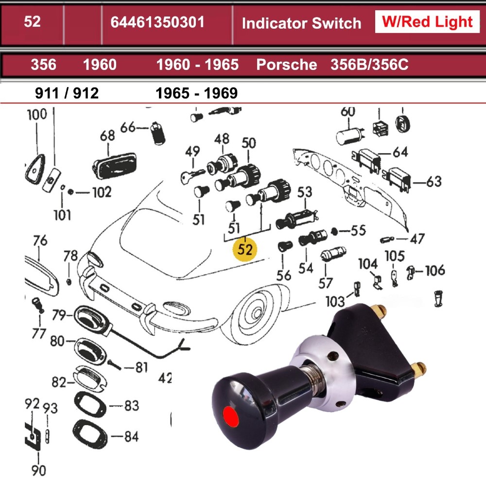 Lai Kam Wah Sdn. Bhd. Specialist in VW Aircooled Parts - 64461350301 - Fog Lamp Switch - Red