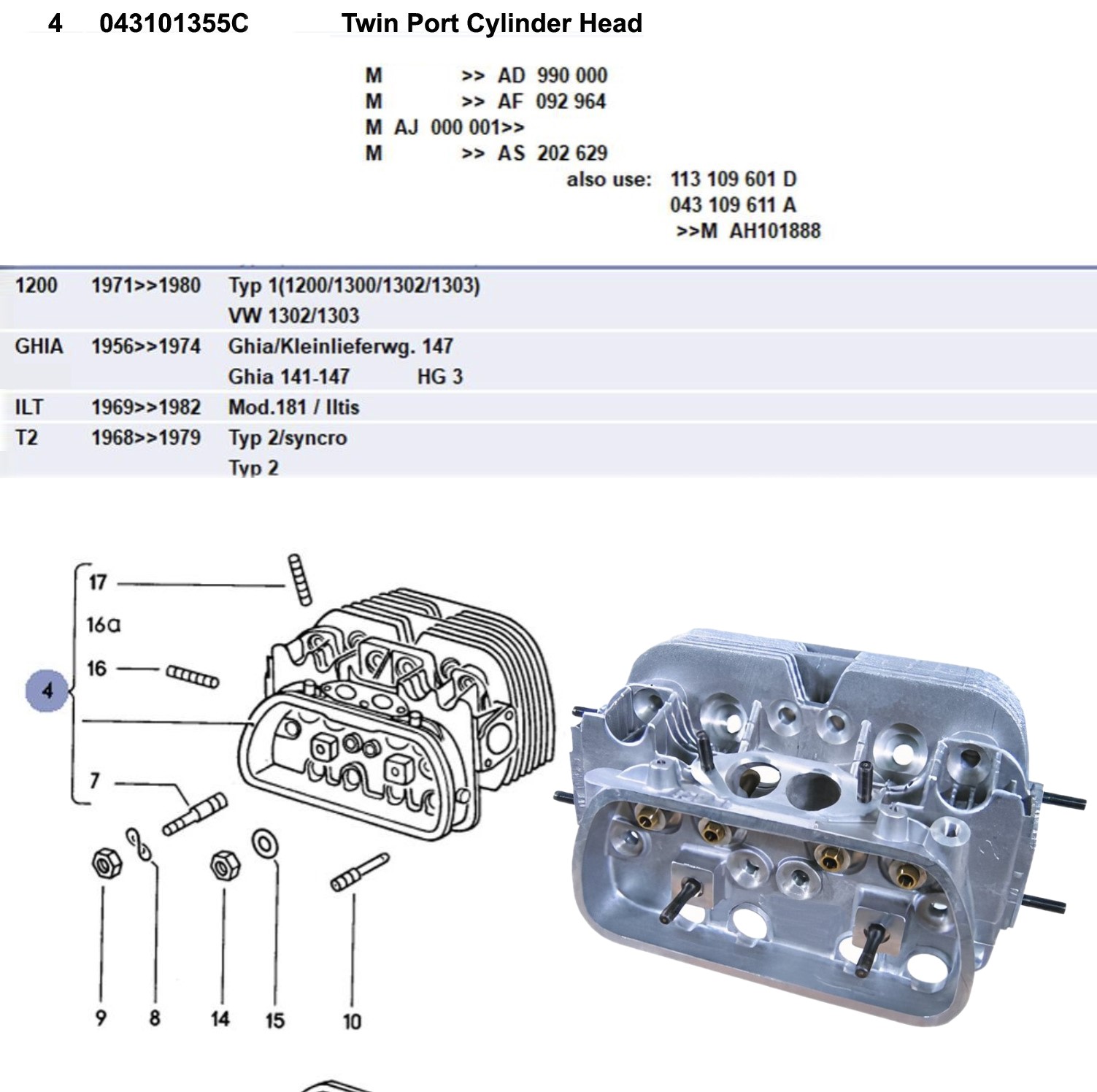 Lai Kam Wah Sdn. Bhd. Specialist in VW Aircooled Parts - 043101355C - Cylinder Head