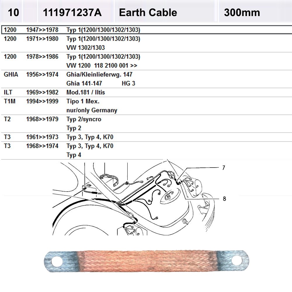 Lai Kam Wah Sdn. Bhd. Specialist in VW Aircooled Parts - 111971237A - Earth Cable - 300MM