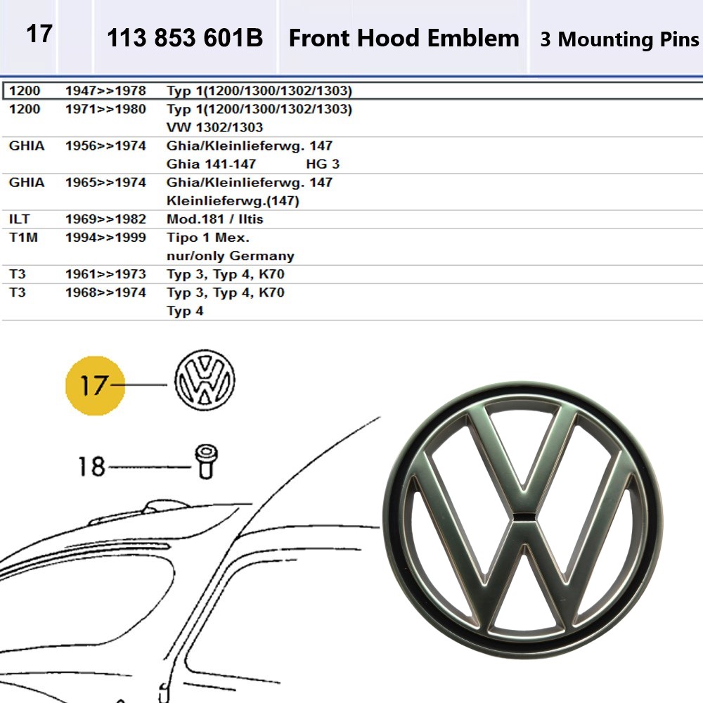 Lai Kam Wah Sdn. Bhd. Specialist in VW Aircooled Parts - 113853601B - Front Hood Emblem - 3 Pins