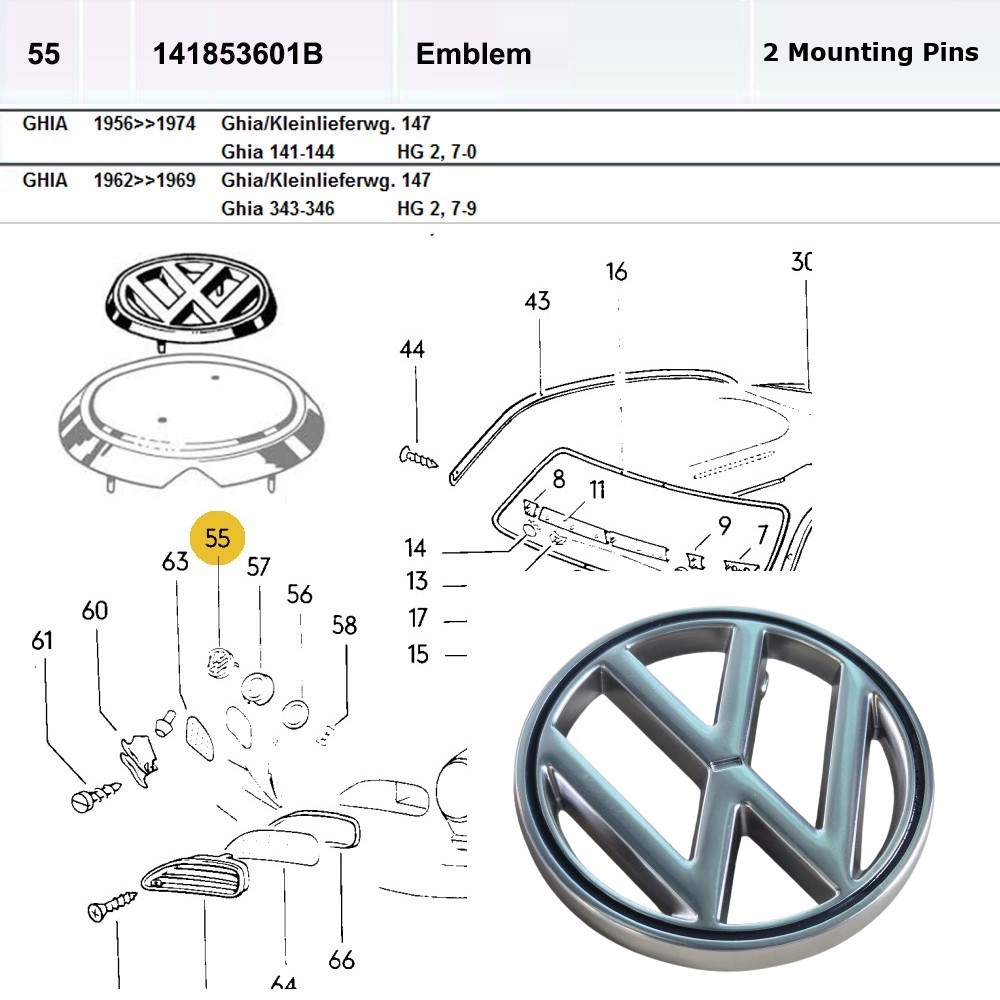 Lai Kam Wah Sdn. Bhd. Specialist in VW Aircooled Parts - 141853601B - Front Hood Emblem - 2 Pins