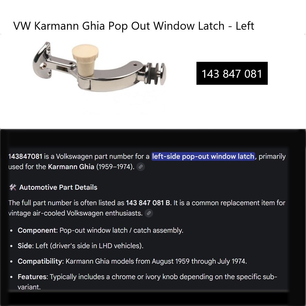 Lai Kam Wah Sdn. Bhd. Specialist in VW Aircooled Parts - 143847081 - Pop Out Window Latch - Left