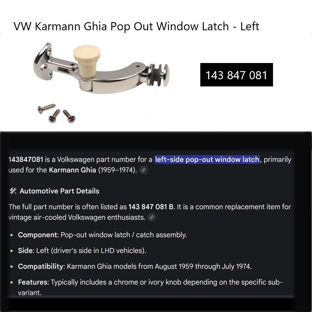Lai Kam Wah Sdn. Bhd. Specialist in VW Aircooled Parts - 143847081 - Pop Out Window Latch - Left